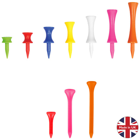 Colorful golf tees of various sizes are arranged in two rows with the smaller ones at the top and larger at the bottom against a white background featuring a label indicating "Made in UK" with a British flag