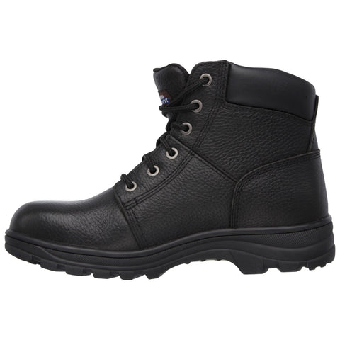 A black leather boot stands upright featuring metal eyelets and a textured surface showcasing its sturdy construction designed for durability and protection in work or outdoor environments.