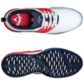 A white and red athletic shoe is shown with a patterned sole the shoe is designed for performance and looks suitable for sports activities with a branding featuring the name Callaway