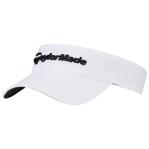 A white visor sits prominently displaying the TaylorMade logo in black lettering the visor is designed to shield the eyes from sunlight while allowing airflow and comfort during outdoor activities