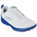 A white athletic shoe with blue accents is positioned upright the laces are threaded neatly through the eyelets it is designed for sports with cleats on the sole for traction