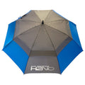 A large golf umbrella featuring a gray and blue color scheme is opened wide providing shade with the logo SUN MOUNTAIN H2NO visible on the underside.