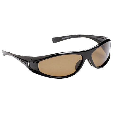 Sunglasses with a glossy black frame and brown tinted lenses rest horizontally on a plain background representing a stylish accessory for sun protection and outdoor activities.