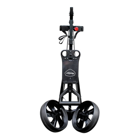 A golf push cart with two large black wheels stands upright against a plain background featuring a handle at the top and a platform for carrying golf bags or equipment.