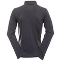 A long-sleeved dark gray shirt is shown hanging with a view of its back-facing side the fabric appears smooth and the collar is folded down.