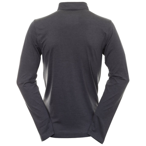 A long-sleeved dark gray shirt is shown hanging with a view of its back-facing side the fabric appears smooth and the collar is folded down.