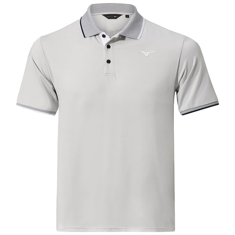 A light gray polo shirt with a collar and three buttons features a small logo on the chest and contrasting dark trim on the sleeves, presented against a plain background.