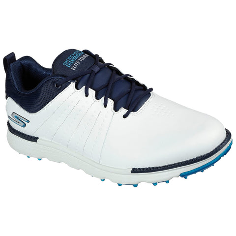 A white and navy golf shoe with a textured upper and a cushioned sole is positioned prominently against a plain background showcasing its styling and design intended for athletic use.