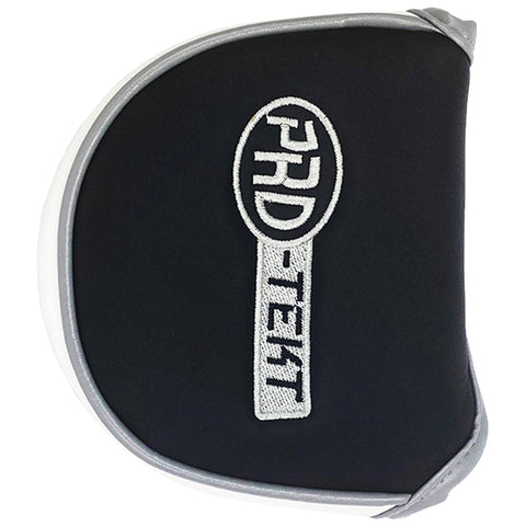 A black padded case with a rounded top featuring the embroidered text PHD-TEXT in white centered on its front resting on a flat surface.