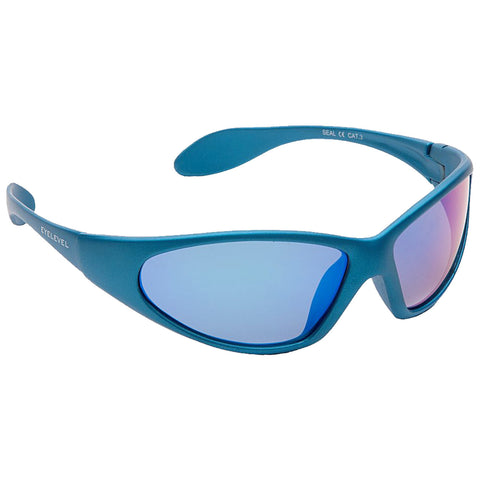 A pair of blue sunglasses with mirrored lenses rests at an angle they are designed for outdoor use and offer UV protection in bright environments. The frame is sleek and sporty.