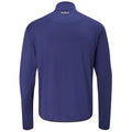 A long-sleeved navy blue athletic shirt hangs in a neutral setting highlighting its smooth fabric and simple design suitable for active wear or outdoor activities.