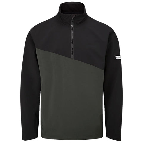 A pullover jacket with a black upper section and a dark green lower section features a half-zip collar and long sleeves designed for casual wear or outdoor activities.