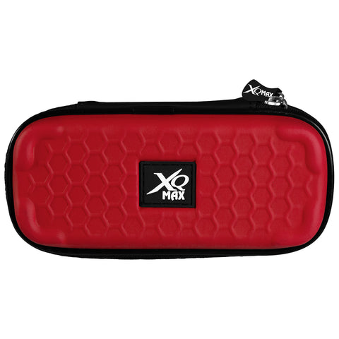 A red zipped case with a honeycomb pattern is lying flat. It features a black section and a logo in the center, suggesting it is designed to store or protect items inside.