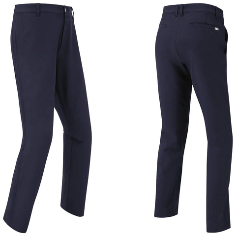 FootJoy Mens Performance Trousers Navy trousers are displayed from the front and back perspectives showcasing a tailored fit with pockets emphasizing a formal style suitable for various occasions.