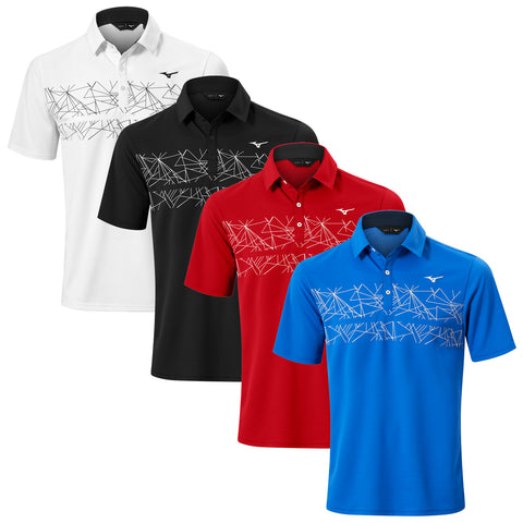 Four polo shirts are displayed in a row each featuring a distinctive geometric design across the chest the colors include white black red and blue set against a plain backdrop