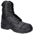 A black tactical boot stands upright featuring a sturdy leather exterior and a high ankle design laced tightly with six loops designed for durability in rugged environments.