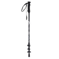 A black hiking pole stands upright showcasing a textured grip handle and an adjustable length mechanism with a rubber tip at the bottom suitable for outdoor use.