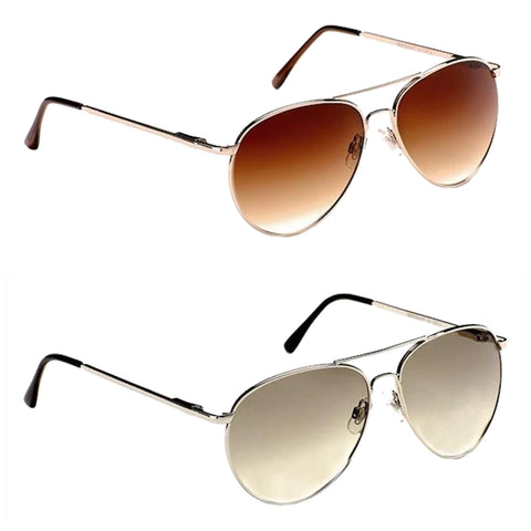 Sunglasses are positioned in two stacks with the top pair featuring a gradient brown tint and the bottom pair having a gradient gray tint set against a plain white background.