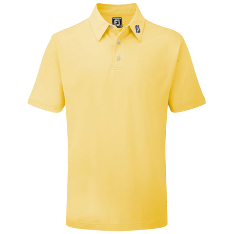 A yellow polo shirt features short sleeves and a collar with a button placket displaying a logo on the collar, suitable for casual or athletic settings.