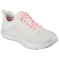 A white athletic shoe with pink laces sits at an angle showcasing a mesh upper and a cushioned sole designed for comfort and support in walking activities