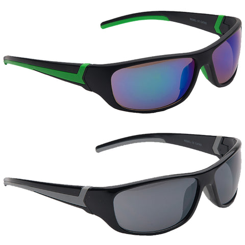 Two pairs of sunglasses are displayed one on top of the other the top pair has a glossy black frame with green accents and reflective lenses while the bottom pair has a similar frame in solid black with dark lenses.