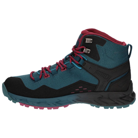 A hiking boot with a high ankle provides support and features a textured teal upper with black detailing and burgundy laces designed for outdoor activities on rugged terrain.