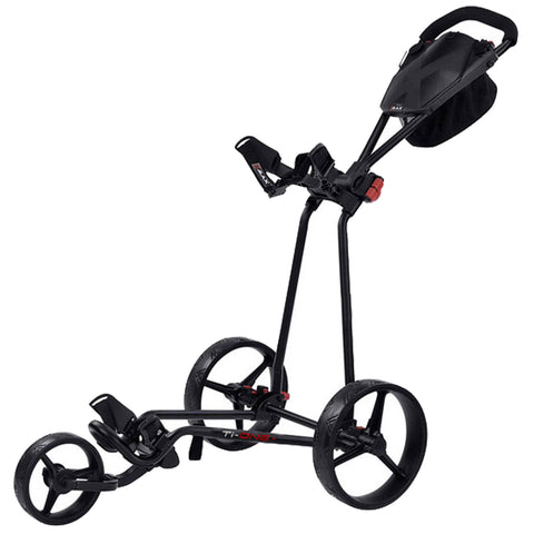 A black golf push cart stands upright with three wheels and a handlebar for pushing it. It features a bag holder and compartments for accessories, suitable for outdoor golfing.