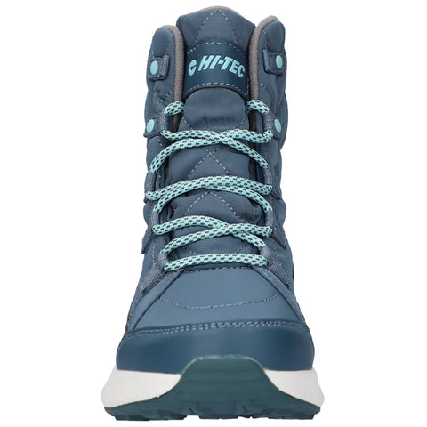 A blue hiking boot stands upright with intertwined light blue laces and reinforced fabric. It features a padded collar and textured sole suggesting durability for outdoor activities.