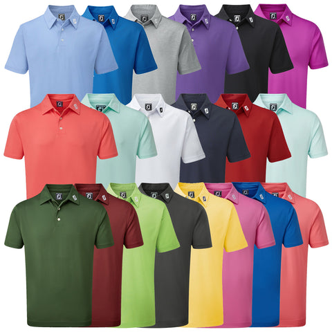 A variety of polo shirts in different colors are displayed in rows. Each shirt features a collar and buttons, showcasing a range of vibrant and neutral tones on a plain background.