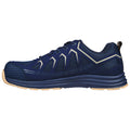 A navy blue athletic shoe is displayed side-on featuring a textured toe cap and a flexible sole the shoe is designed for active movement and performance in sports or casual settings