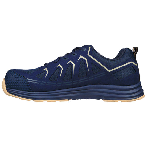 A navy blue athletic shoe is displayed side-on featuring a textured toe cap and a flexible sole the shoe is designed for active movement and performance in sports or casual settings