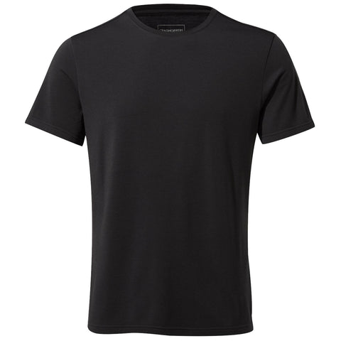 A black short-sleeved t-shirt is displayed flat against a neutral background showcasing a simple design with a round neck and smooth fabric texture.