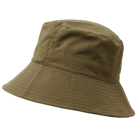 A khaki bucket hat rests at an angle showcasing its wide brim and textured fabric in a neutral setting without additional elements or distractions around it.