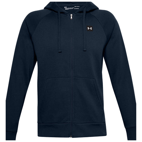 A dark blue zip-up hoodie is displayed front-facing with a hood and two front pockets featuring a small logo on the upper left side of the chest