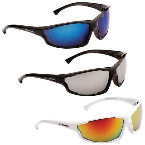 Three pairs of sunglasses arranged vertically with different lens colors including blue reflective dark gray and red mirrored. The frames are black and white showcasing sporty designs suitable for outdoor activities.