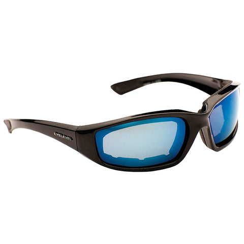 Black sunglasses with blue reflective lenses rest on a surface designed to protect eyes from sunlight and glare commonly used in outdoor activities such as sports or driving.