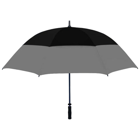 A black and gray umbrella is open and positioned upright with a black handle in a neutral setting providing shelter from rain or sun.