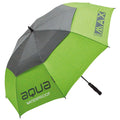 A green and gray waterproof umbrella is opened, providing shelter. Its vibrant color is prominent against a neutral background, serving as protection from rain or sun outdoors. The word aqua is visible on the umbrella.