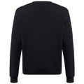 A black sweatshirt is displayed flat facing away from the viewer showcasing its rounded neck and long sleeves with ribbed cuffs located at a neutral background.