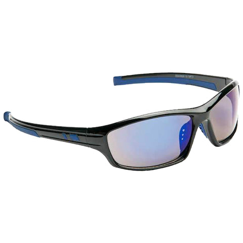 Sunglasses with a glossy black frame and blue accents are positioned against a plain background showcasing their mirrored lenses reflecting light suggesting outdoor use and stylish design.