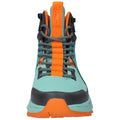 A light blue hiking shoe with orange accents features a high-top design and prominent laces, set against a plain white background, highlighting its outdoor functionality and style.