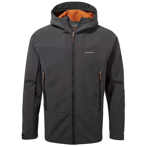 Black outdoor jacket with a hood is displayed front-facing featuring an orange fleece lining and multiple zippered pockets for utility likely designed for outdoor activities and varying weather conditions.