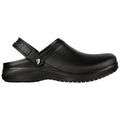 A black plastic clog is showcased from the side displaying a rounded toe and a back strap for secure fitting in a neutral setting without background distractions.