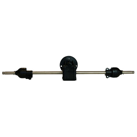 A linear mechanical component features two ends designed for connection both with black rubber housings and a central black mount for stability in machinery or automotive applications.