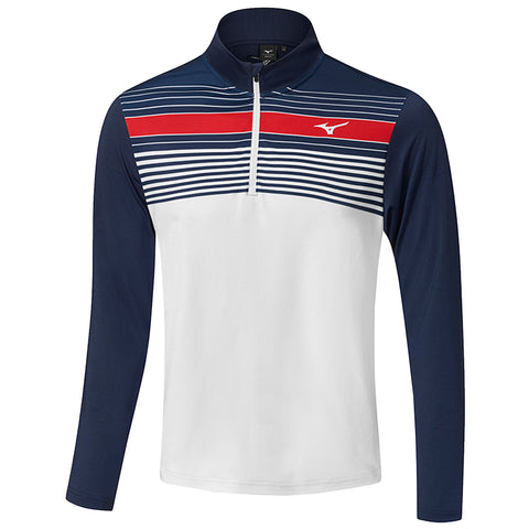 A long-sleeved athletic shirt features a quarter-zip collar with a navy blue upper section adorned with horizontal stripes in white and red above a white lower section.