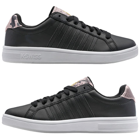 Black athletic sneakers with a smooth material upper feature a white sole and pink snake print accents on the heel displaying a sporty yet stylish design suitable for casual wear.