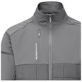 A gray athletic jacket features a high collar and a zippered pocket on the chest with a logo on the side, designed for comfort and active wear.