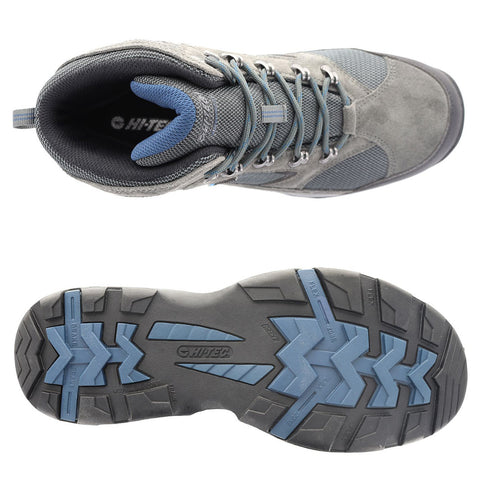 A grey and blue hiking boot is displayed from above and below with the design showcasing a cushioned collar and a rugged outsole for traction on varied terrains.