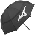 A black umbrella features a large white logo on its canopy. It is opened and ready for use, likely positioned in an outdoor setting to provide shade or rain protection.