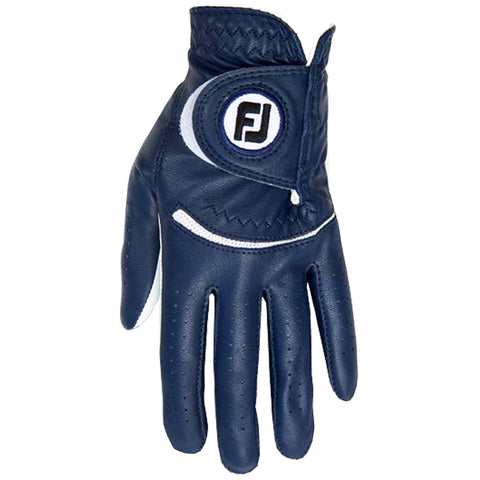 A navy blue leather golf glove with white accents is positioned upright showcasing its finger sections and wrist fastener highlighting the brand logo on the back of the hand.